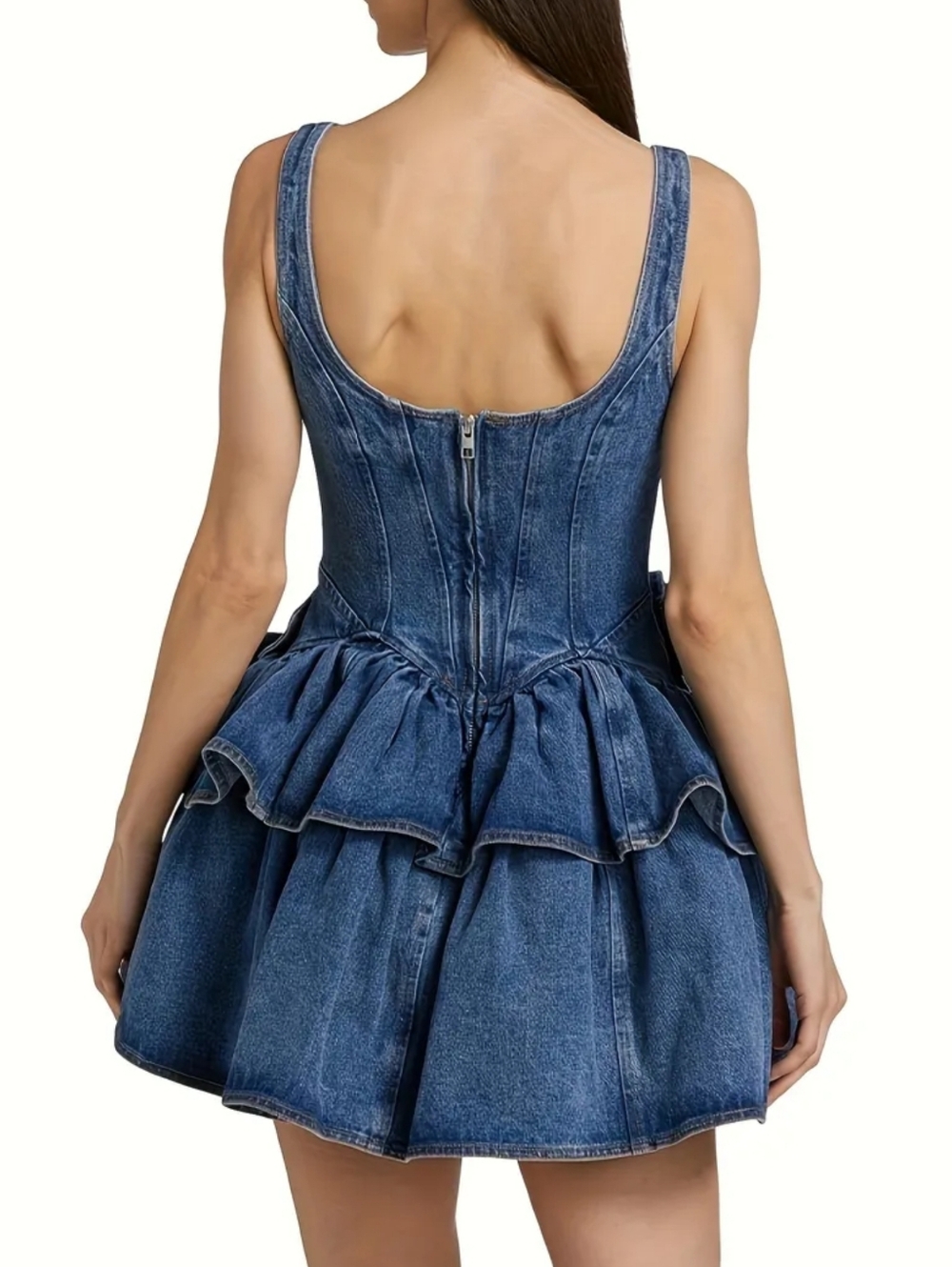 Denim Ruffled Mini Dress with Floral Appliqué - Blue - Picture 4 of 5